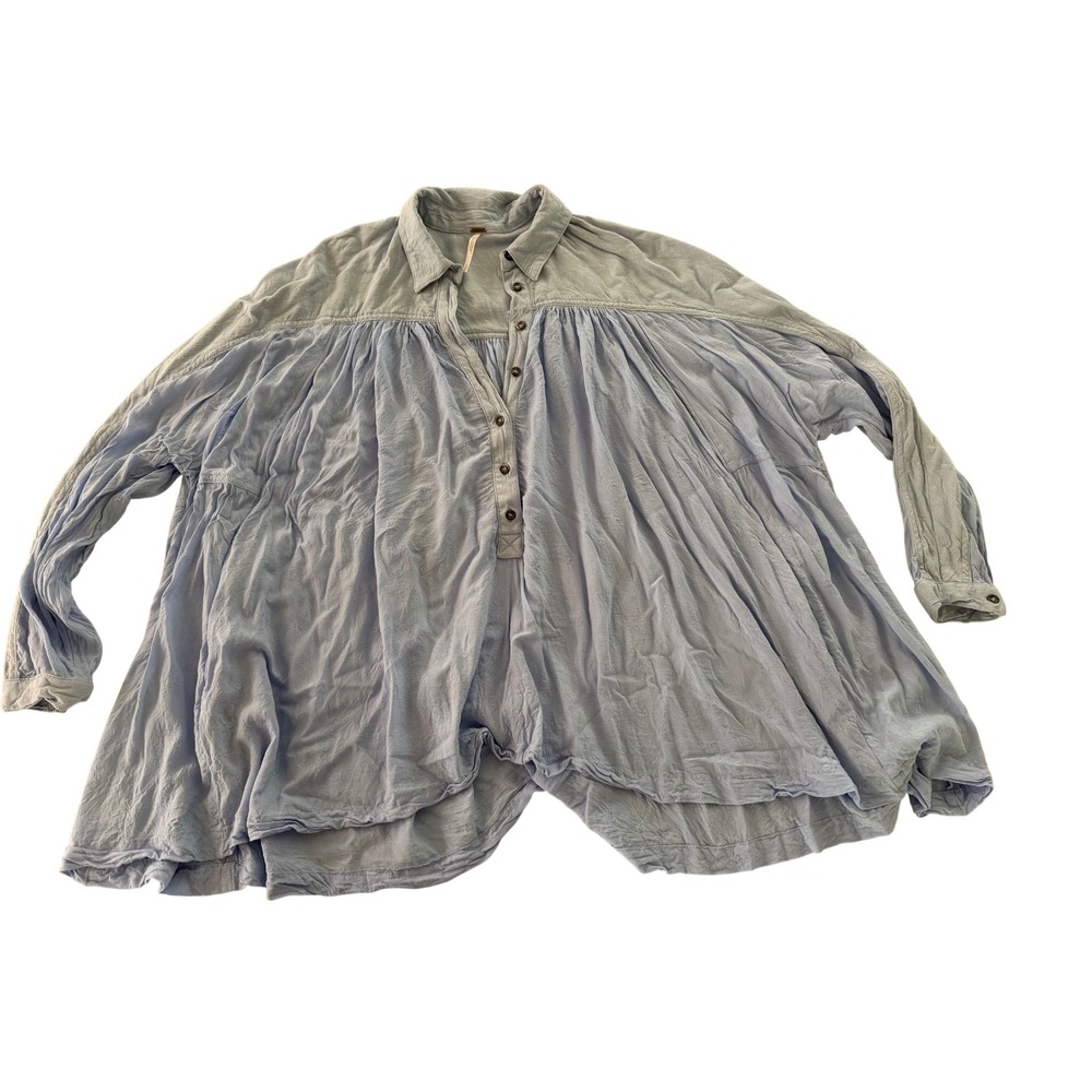 Free People Blue Textured Oversized Button Down Tunic Top Small Boho Flowy